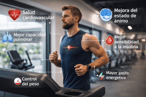 Persona realizando cardio en cinta con ilustraciones que muestran los beneficios cardiovasculares, metabólicos y de salud general