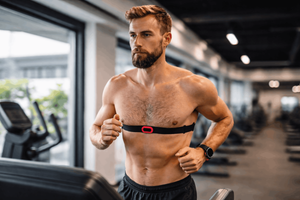 persona entrenando cardio a intensidad moderada con monitor de frecuencia cardiaca visible