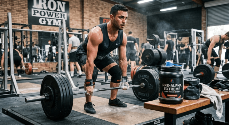 Atleta concentrado preparando un levantamiento pesado tras tomar pre entreno