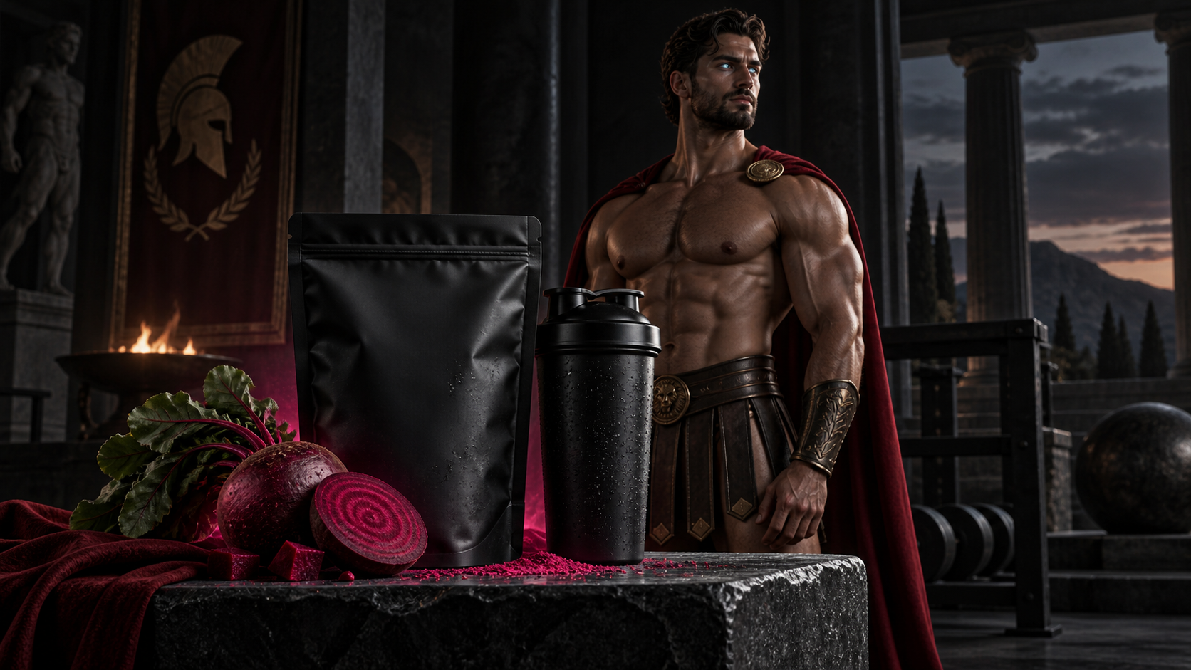 Preentreno sin cafeína con remolacha junto a un atleta espartano de físico estético