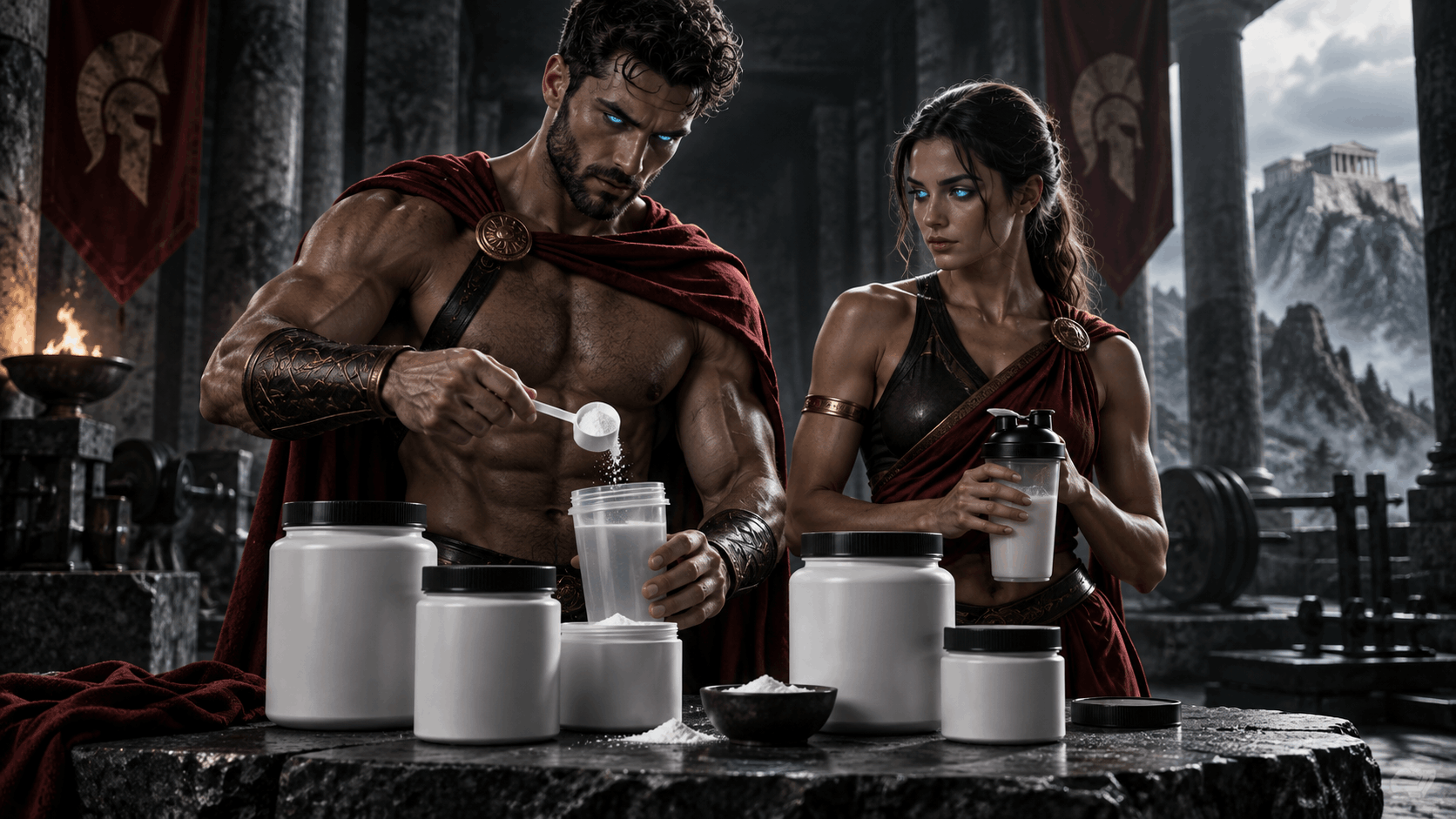 Atletas espartanos comparando suplementos de creatina monohidrato